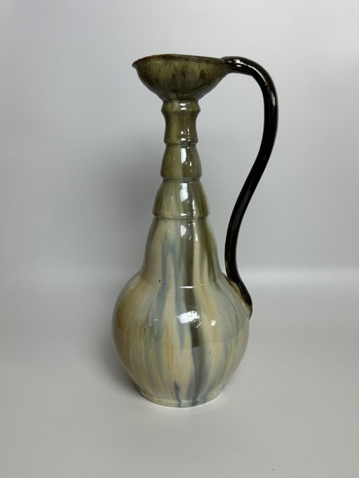 Vintage Ceramic Multi Color High Gloss Enamel Ceramic Jug with handgrip Designed by Eugene Losson for Bouffioulx, 1960s. 