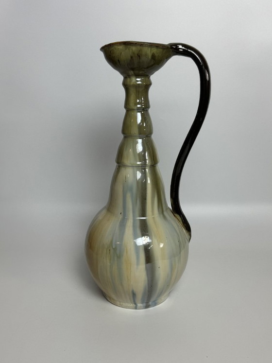 Image 1 of Pichet vintage en céramique émaillée multicolore brillante avec poignée, conçu par Eugene Losson pour Bouffioulx, années 1960.