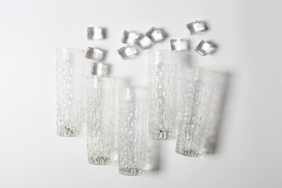 Image 1 of Set di 5 bicchieri vintage con motivo a corteccia / Servizio da tavola in vetro pressato di metà secolo / Italia / Anni '80