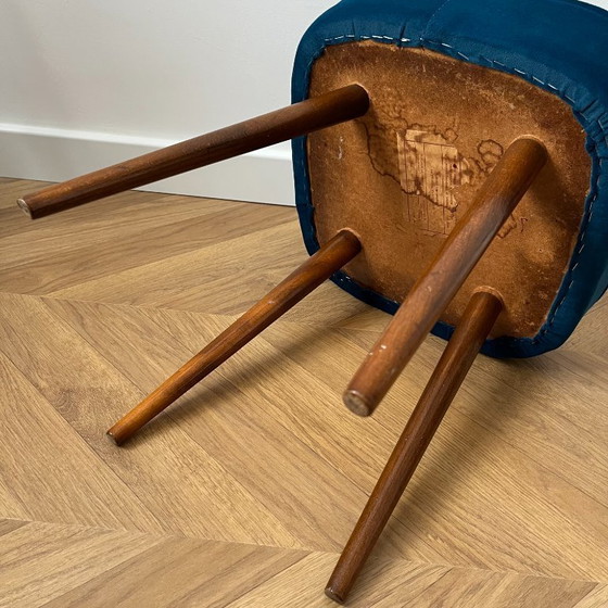 Image 1 of Vintage Velvet Footstool in Dark Teal, Mid Century Modern Stool with Wood Legs