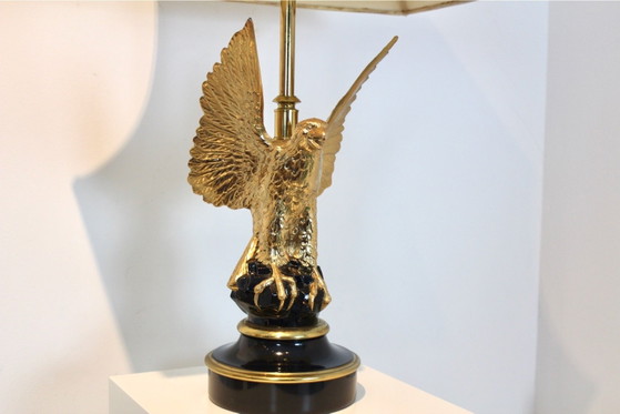 Coppia di Grandi Lampade da Tavolo Scultura Aquila in Ottone Belga per DeKnudt, Seta, Mid Century Modern (foto 4 di 16)