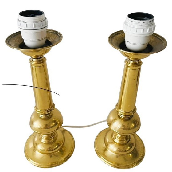 Image 1 of Mid-century paar messing tafellampen goud blauw Hollywood Regency 1950's