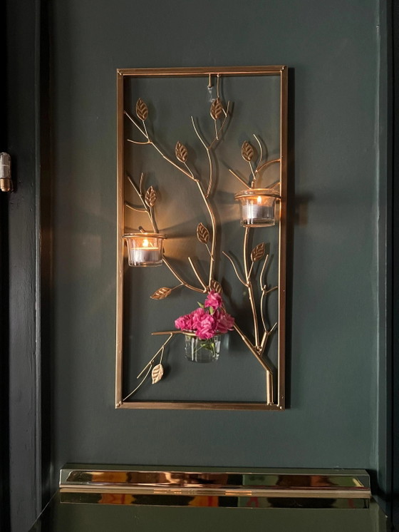 Gold Painted Metal Lantern Grid with Leafy Vines, Rectangular Balcony Decor – Candle holders, Glass (photo 2 of 9)