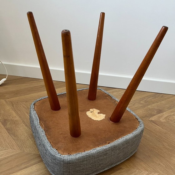 Image 1 of Vintage Polish Footstool: Mid Century Modern Grey Fabric, Wood Legs