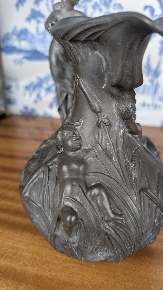 Image 1 of Art Nouveau pewter pitcher with woman and putti design signed Henri Huppé late 19th century