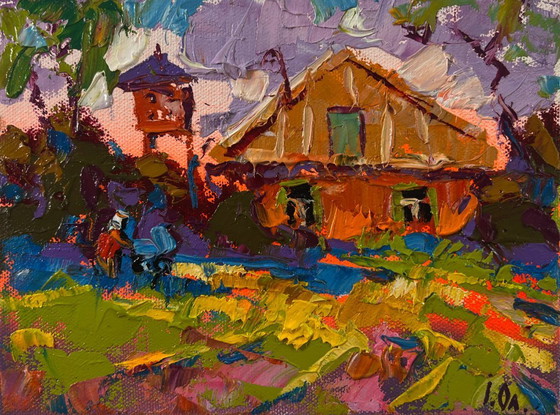 Image 1 of Original Oil Painting Summer Village Landscape Sunset Behind The Clouds