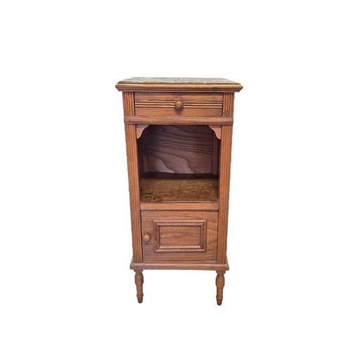 Comodino antico francese in rovere con piano in marmo, inizi del 1900
