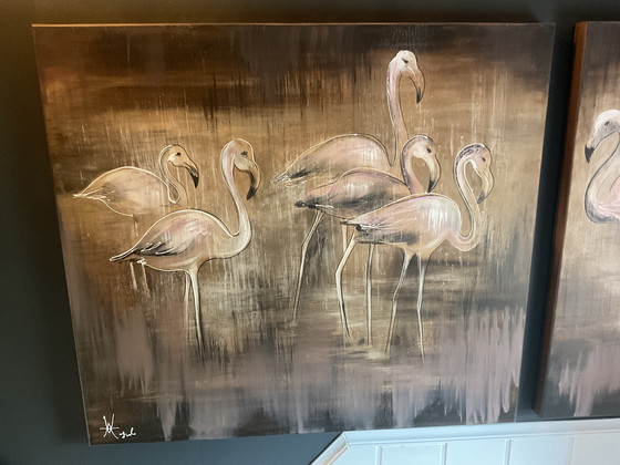 Image 1 of 2-piece painting Flamingos for sale
