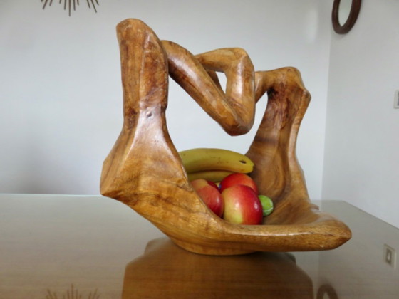 Cesta grande o centro de mesa tallado en una sola pieza de madera de olivo, circa 1970, Italia (photo 4 of 14)