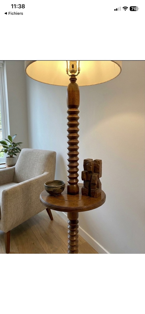 Vintage Gedraaide Houten Vloerleeslamp Charles Dudouyt met Geïntegreerde Plank – Vloerlampen, Wood (photo 2 of 6)