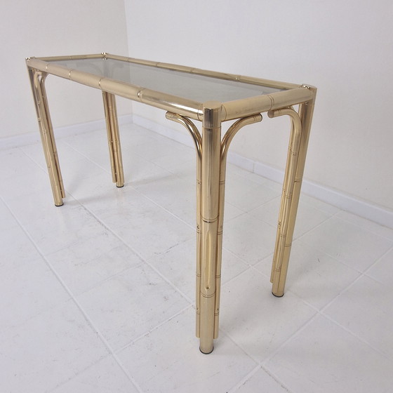 Image 1 of Tavolino rettangolare italiano in ottone, bambù e vetro fumé, anni '70