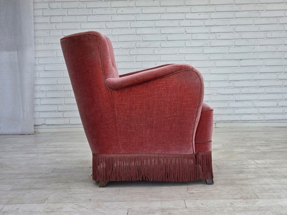 Image 1 of 1970s, Danish armchair, salmon pink furniture velour, oak wood.