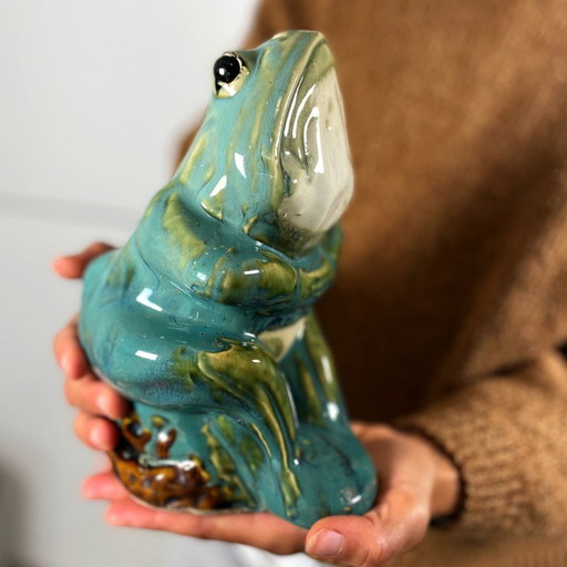 20th Century European Majolica Glazed Ceramic Frog Figurine