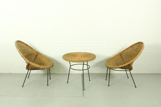 Image 1 of 1950s Italian Rattan Basket Chairs & Matching Bistro Table Set
