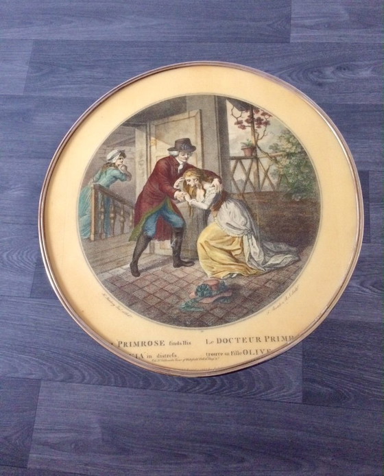 Image 1 of Italian Design Brass Tripod Side Table w printed top 1950's