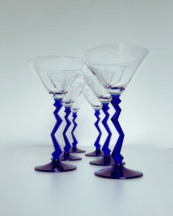 Image 1 of A set of 6 rare Martini glasses with a cobalt blue zig zag stem
