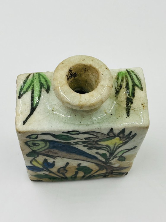 Image 1 of Antique Rectangular Ceramic Bottle, Persian Qajar Style, Fish Design, 19th Century