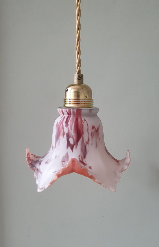 Suspension en verre ancien vintage. Marbré rouge et blanc. – Metal (photo 16 of 23)