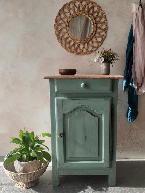 Image 1 of Antique jam cupboard with a sage green patina and solid wood finish
