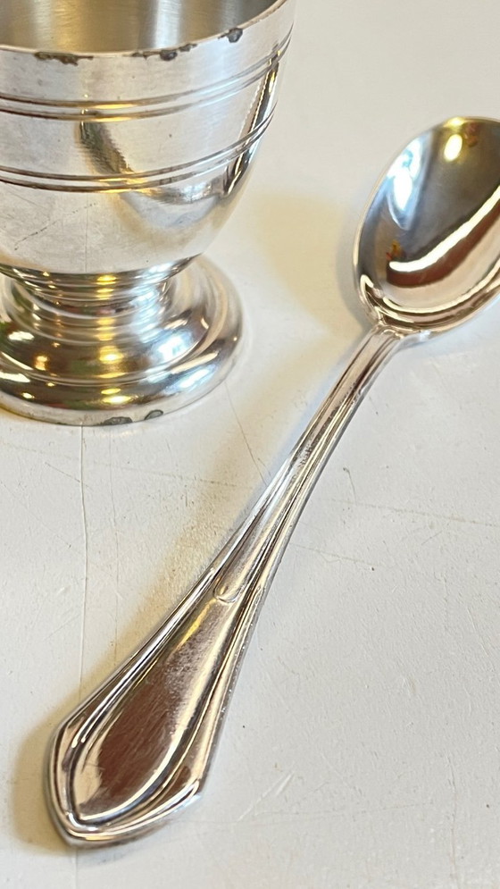 Image 1 of Vintage Silver-Plated Metal Egg Cup and Spoon for Birth