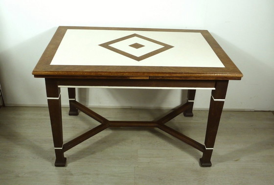 Image 1 of Table de salle à manger antique extensible en chêne massif + crème-blanc, Art Nouveau Nikolaischule vers 1900