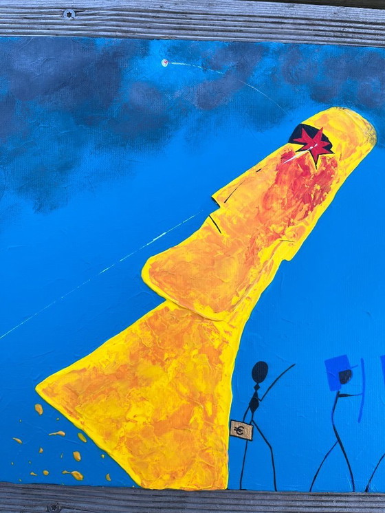Image 1 of Acrylique sur châssis entoilé « Yellow Moai » Format 55x33cm. 