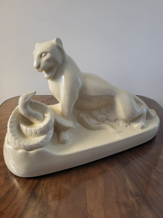 Charles Catteau Boch Frères Art Deco Panter & Slang Keramiek Ca.1930 – Decoratieve objecten, Porcelain (photo 11 of 11)