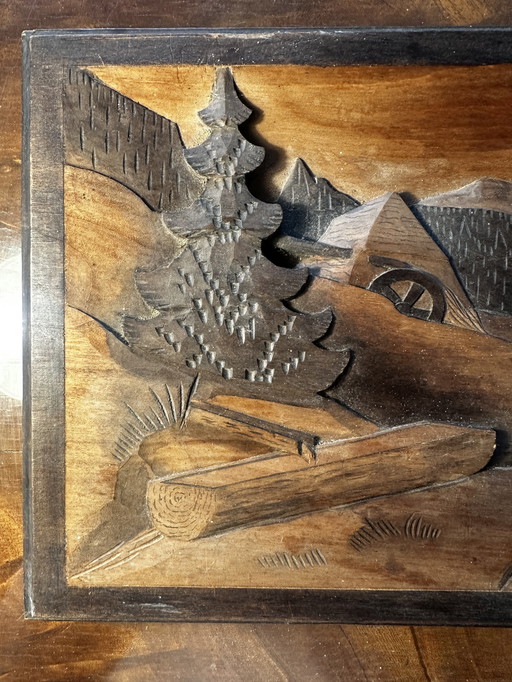 Dipinto in legno intagliato con decoro montano - vintage - 67/26 cm