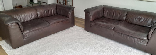 Vintage 2 sofas dark brown buffalo leather from 1977