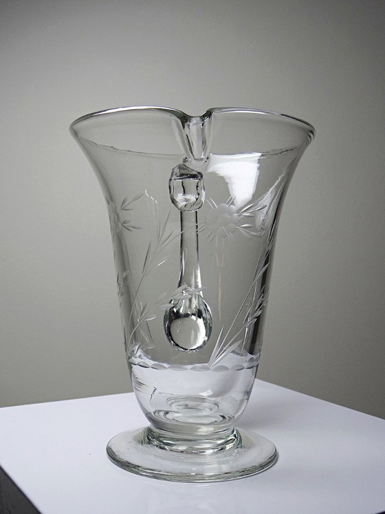 Image 1 of Antique wheel-engraved glass pitcher with vegetal decoration, Bohemia, early 20th century