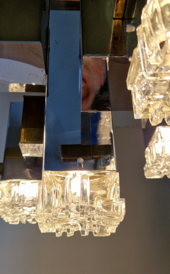Image 1 of Vintage Italian design chandelier, Cubic, Gaetano Sciolari, chrome, brass, glass, 1970s