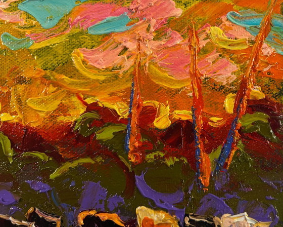 Image 1 of Original Oil Painting Sunset Nature Landscape Evening sky bathes the Earth