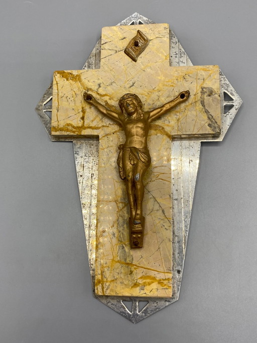 Art-Deco-Wandkreuz – Gemaserter Stein und Metall – decoratieve objecten, Marble, Art Deco
