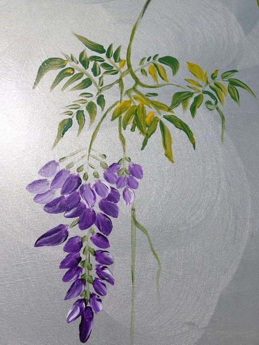 Japanische Glyzinie J221 – Silbernes Triptychon – fertig zum Aufhängen