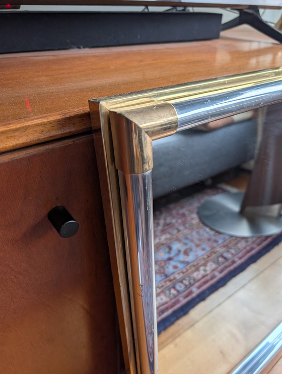 Image 1 of Heavy vintage design mirror in chrome and brass mid-century