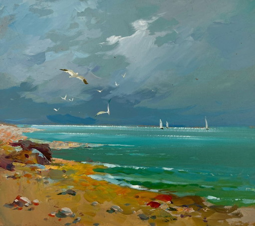 Original Oil Painting Sea Coastal Landscape Seagulls over the seashore
