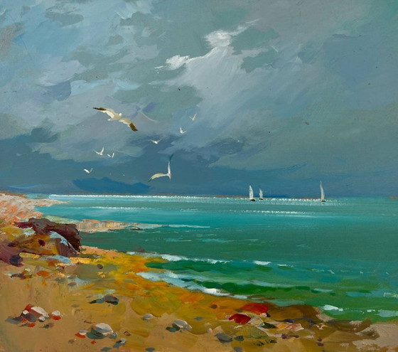 Image 1 of Peinture à l'huile originale représentant un paysage côtier avec des mouettes survolant la mer.