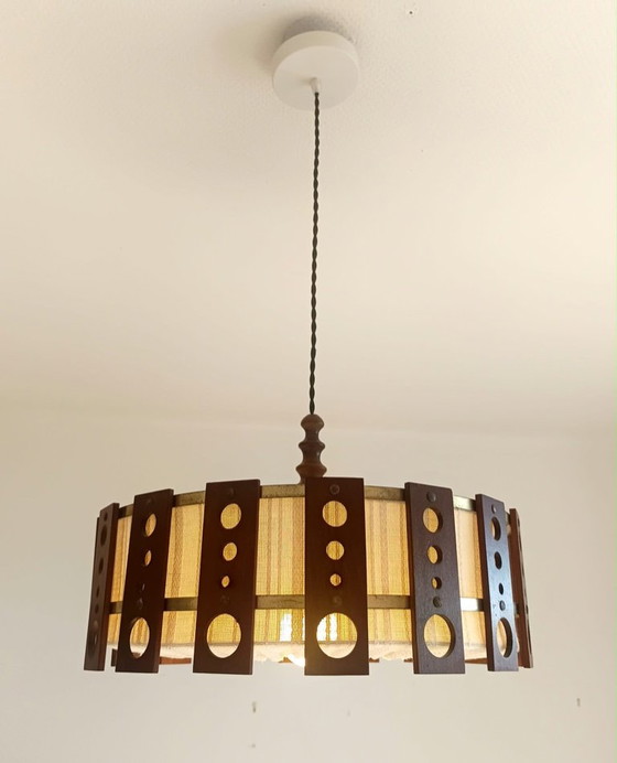 Lampada a Sospensione Scandinava in Teak e Tessuto Circa 1960 – Lampade a sospensione, Wood (photo 9 of 10)
