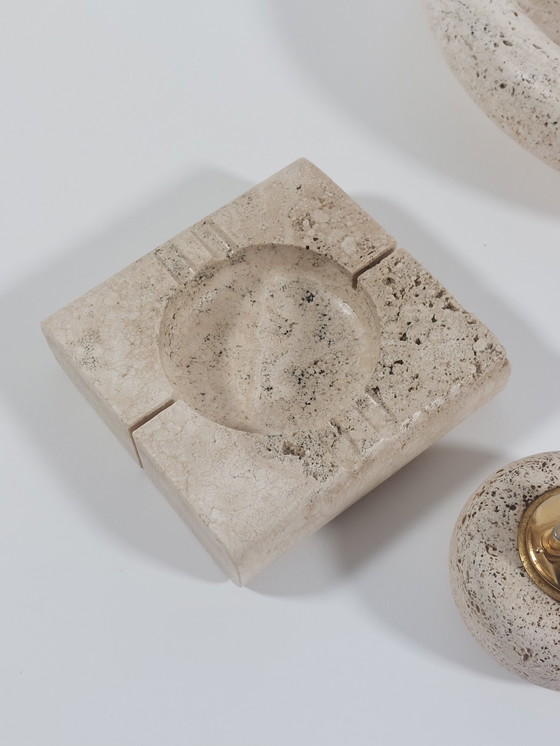 Image 1 of Tovaglietta vintage di design di metà secolo, portafrutta, posacenere, candeliere, scatola, travertino, Italia