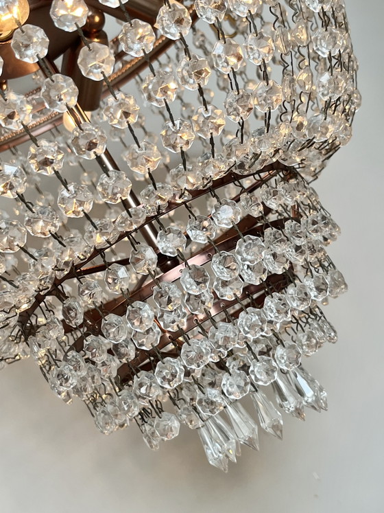 Image 1 of Vintage kristallen kroonluchter hanglamp met punt pegels Zakkroonluchter brons frame