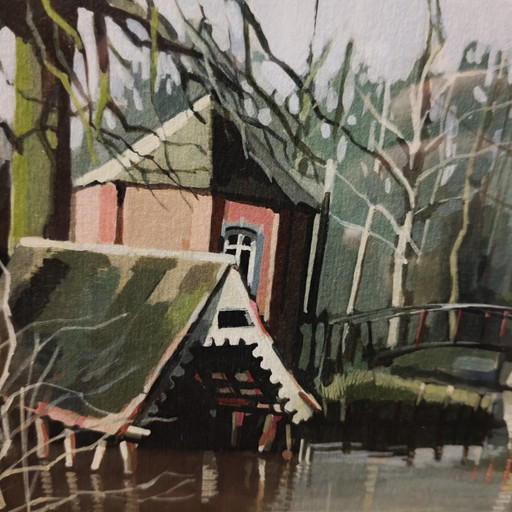 Gesigneerde en genummerde kunstprint – Luc Verbist (12/100) – Vlaams landschap met brug