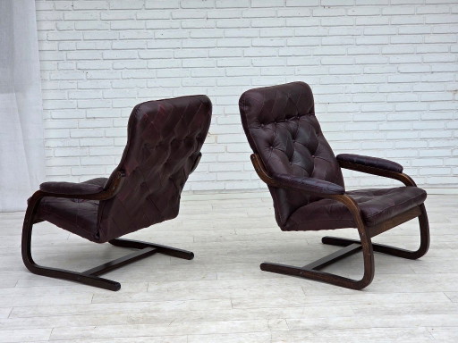Jaren 70, Scandinavische fauteuil, bruin meubelleer, gebogen hout.