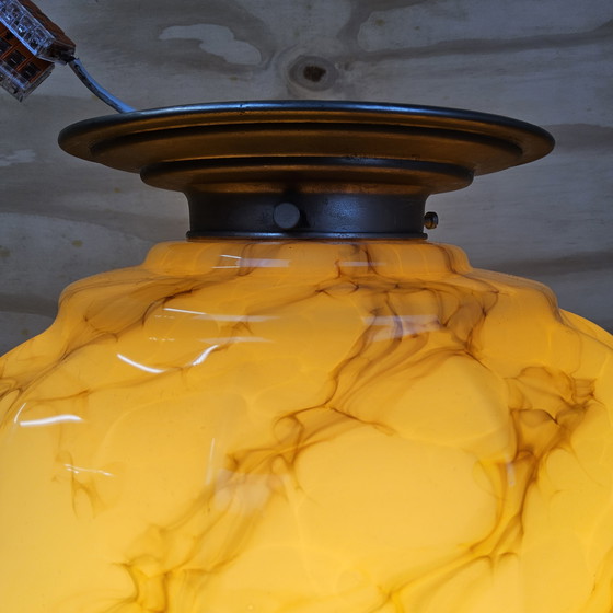 Image 1 of Plafonnier Art Déco ancien en verre marbré (jaune/orange)