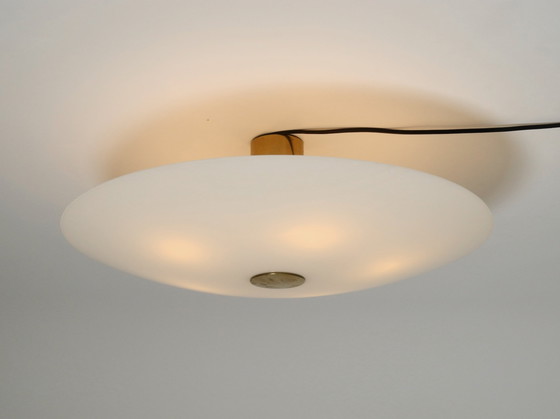 Image 1 of Grand Florian Schulz des années 80, Gela 55, plafonnier rond en laiton-opale avec cinq douilles E27