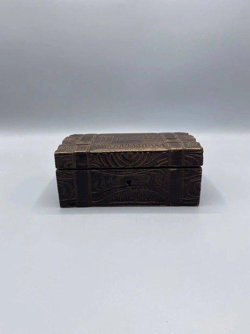 Brown Carved Wooden Box with Relief Scroll and Foliate Decoration, Gilded Brass Hardware, 20th Century Craftsmanship