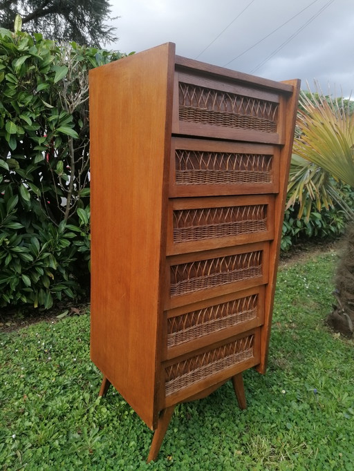 Commode chiffonnier rangement bois rotin vintage