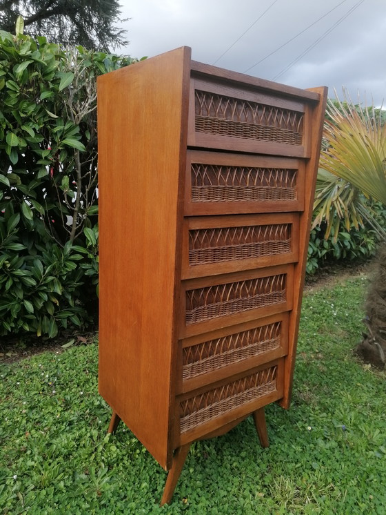 Image 1 of Commode chiffonnier rangement bois rotin vintage