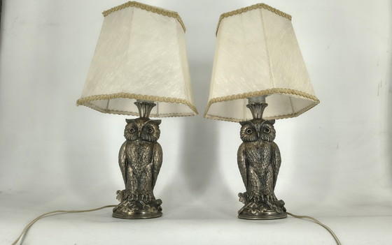 Image 1 of Coppia di lampade a forma di gufo in argento di Loevsky & Loevsky, anni '60