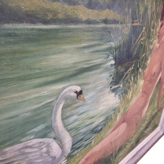 Image 1 of Peinture ancienne de Lena et le cygne datant de 1956