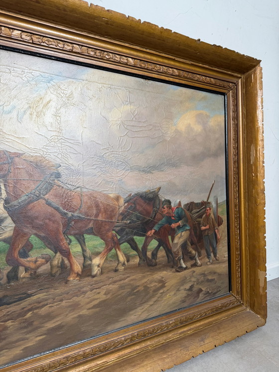 Jef Van Leemputten (Amberes, 1865–1948) – Gran óleo sobre lienzo “Caballos de granja trabajando” (photo 6 of 6)